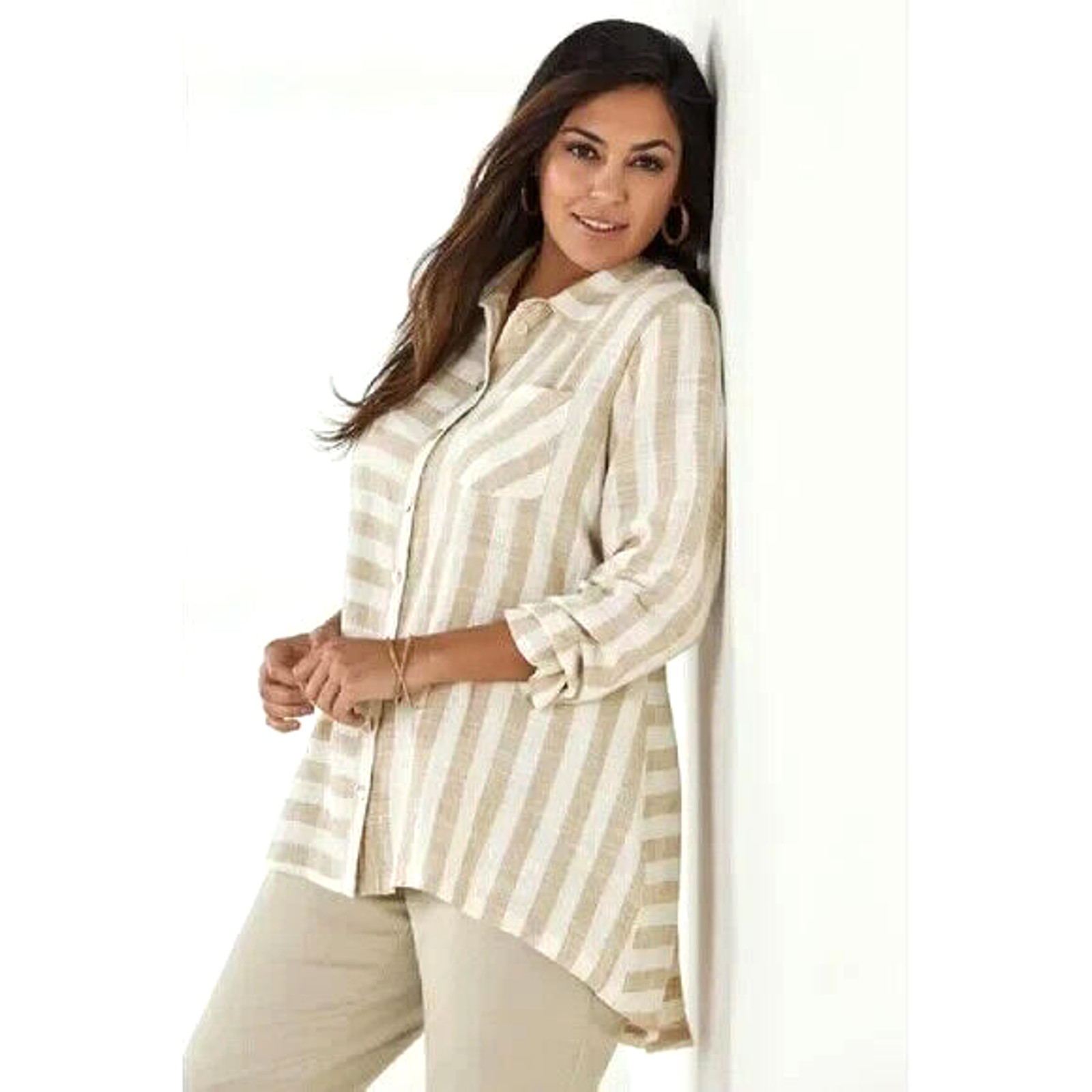 Soft Surroundings Size L Camina Linen Blend Tunic Stripe Cream Brown