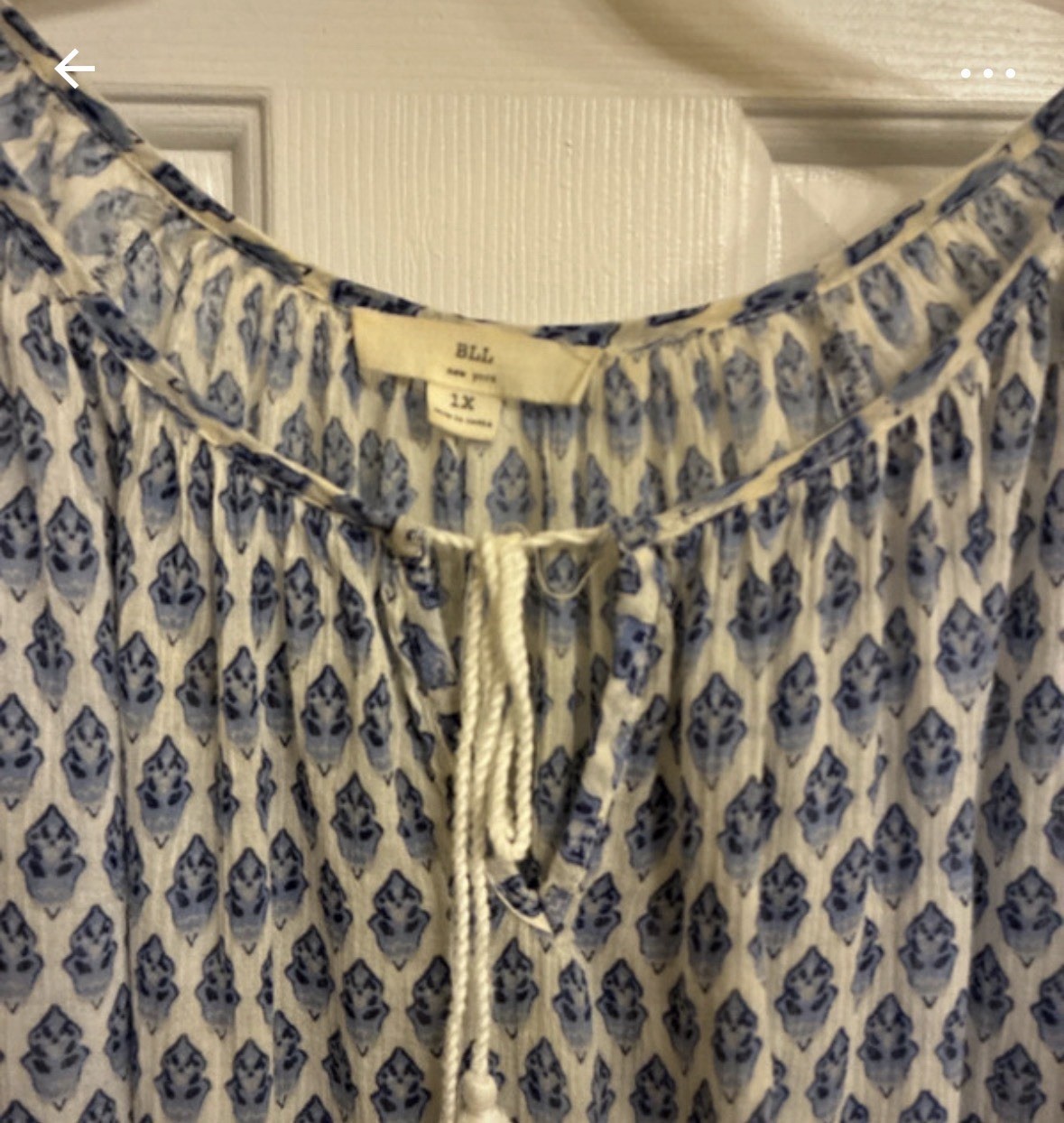 BLU Women’s Blue/White Geometric Round Neck Tie Tasseled Blouse fits like large
