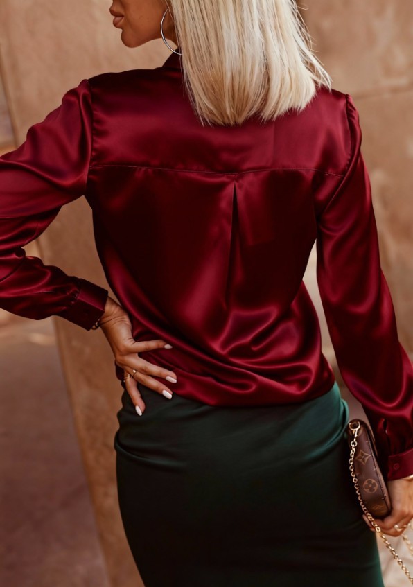 Women Satin Button Down Shirt Long Sleeve Collared Solid Casual Office Blouse