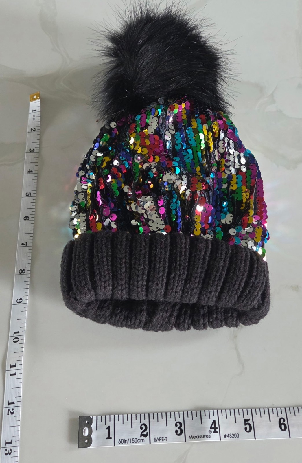 Multi-Color Sequin Embroidered Fold Over Beanie Hat w/ Large Fluffy Pom Pom