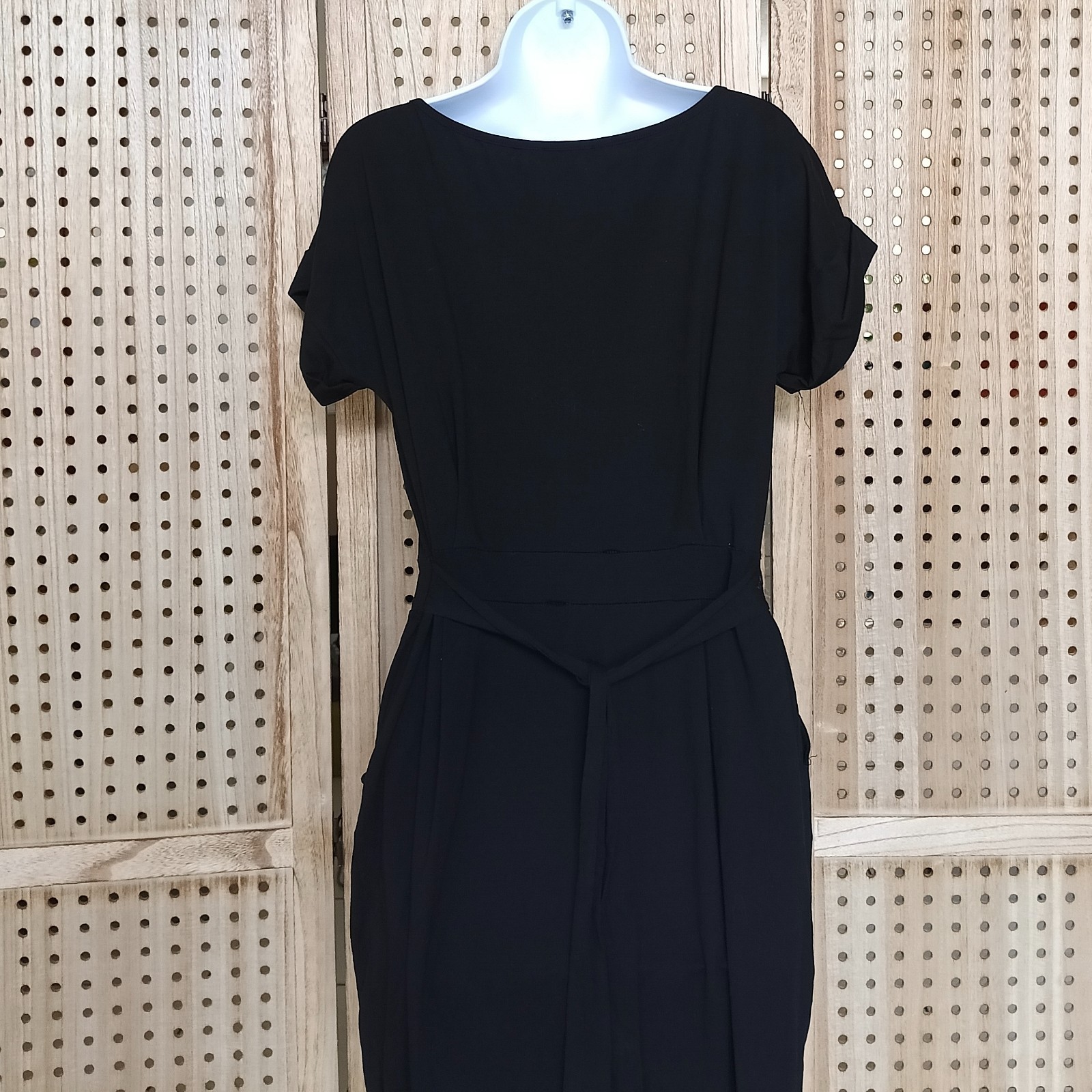 Fashion Womens Minimalist Black Dress Large Short Sleeve Stretch Tie Back Casual