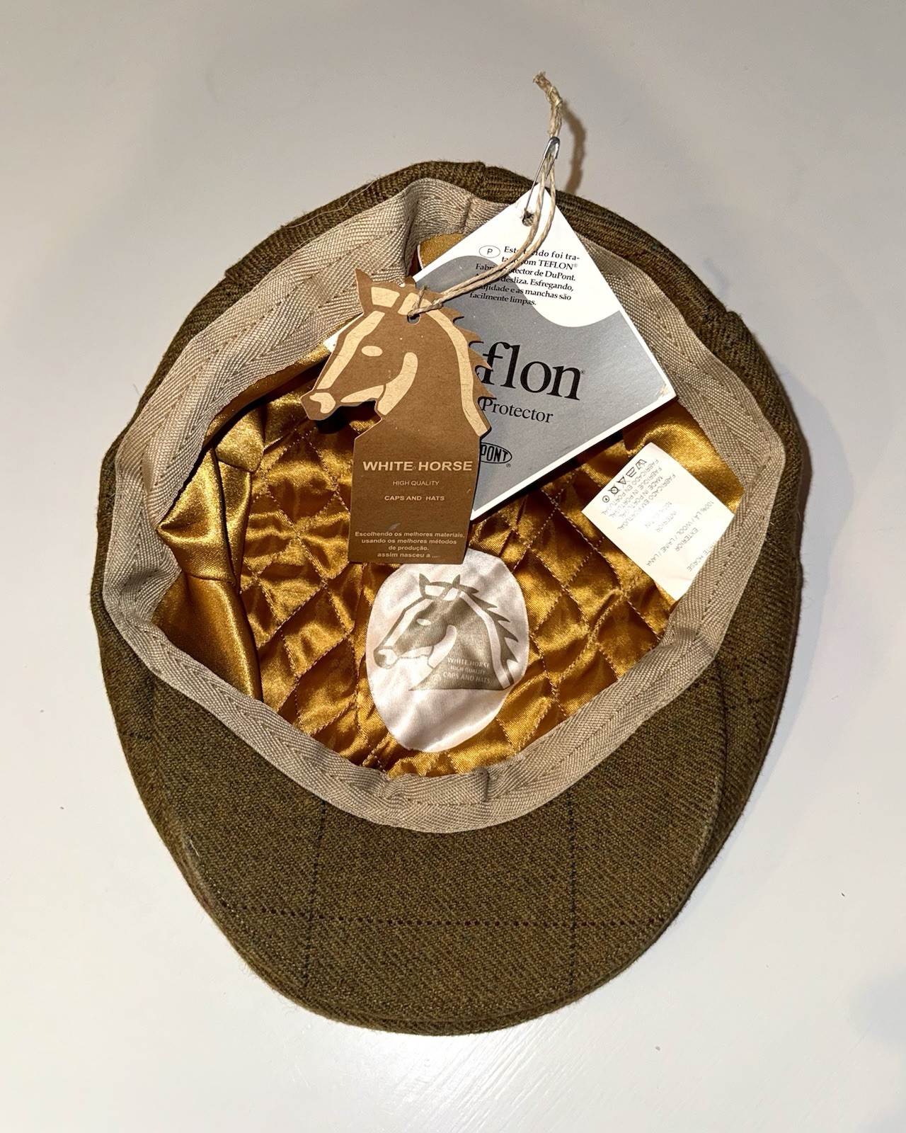White Horse 100% Wool Flat Cap Brown Newsboy Ivy Hat Made In Portugal Teflon NWT