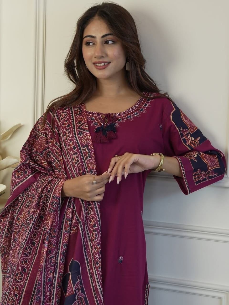 BOHO EMBROIDERED COTTON KURTI PANT DUPATTA SET WOMEN 3PC POCKET SUIT SIZE 3XL UP