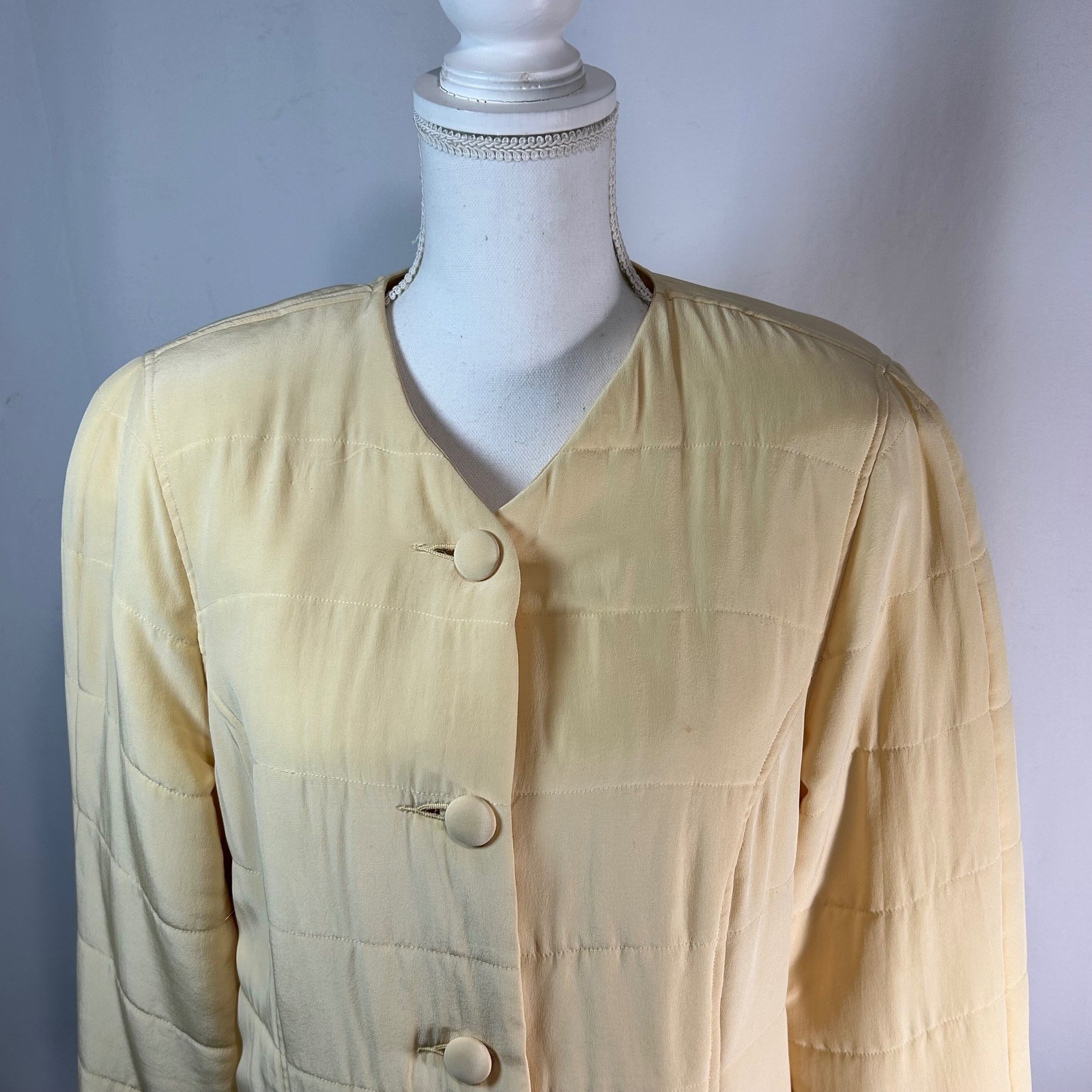 Puff Quilted Jacket Soft Pastel Yellow Button Front Collarless Womens
