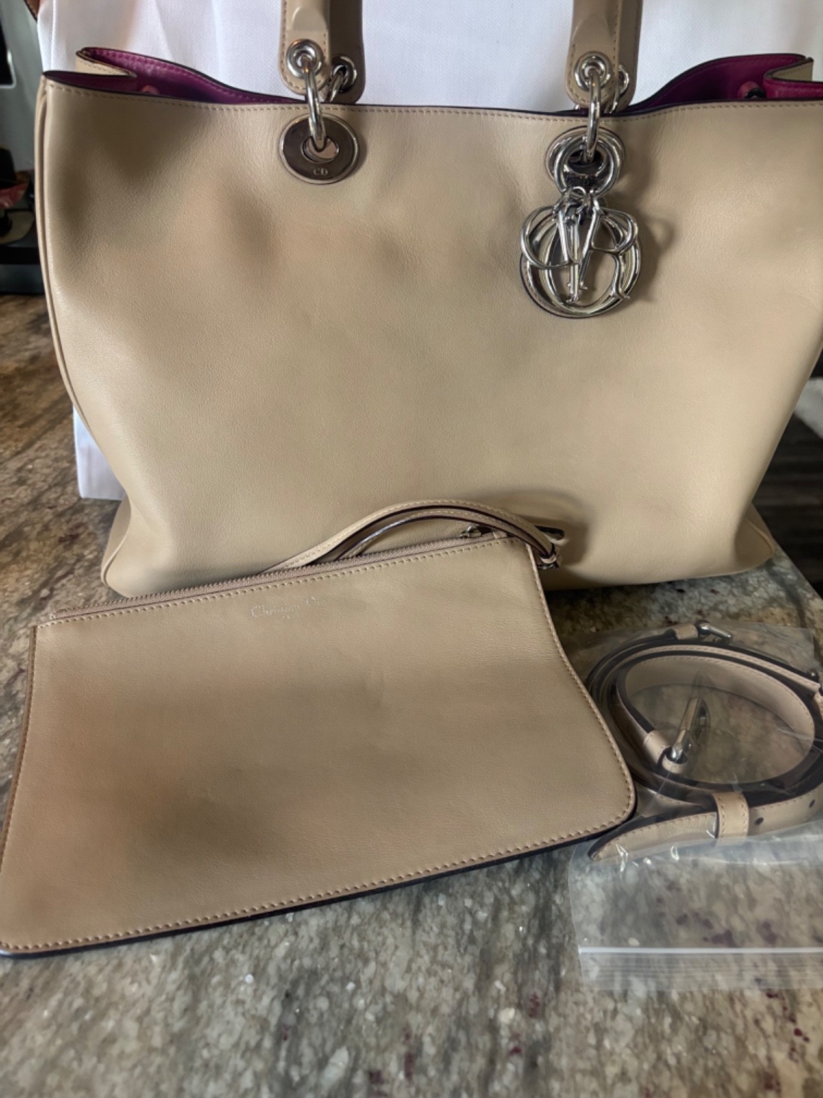 Authentic CHRISTIAN DIOR Diormissimo Tote Beige Taupe Fuchsia Interior