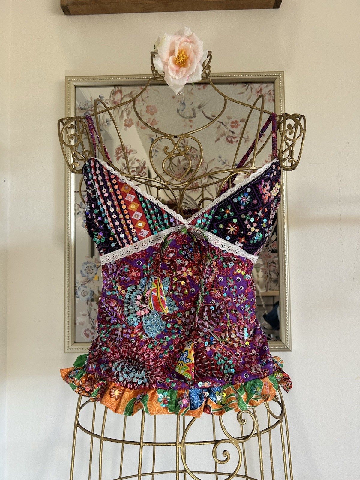 Women’s One Size Multicolor Floral 100% Cotton Sequin Camisole Hand Embroidered