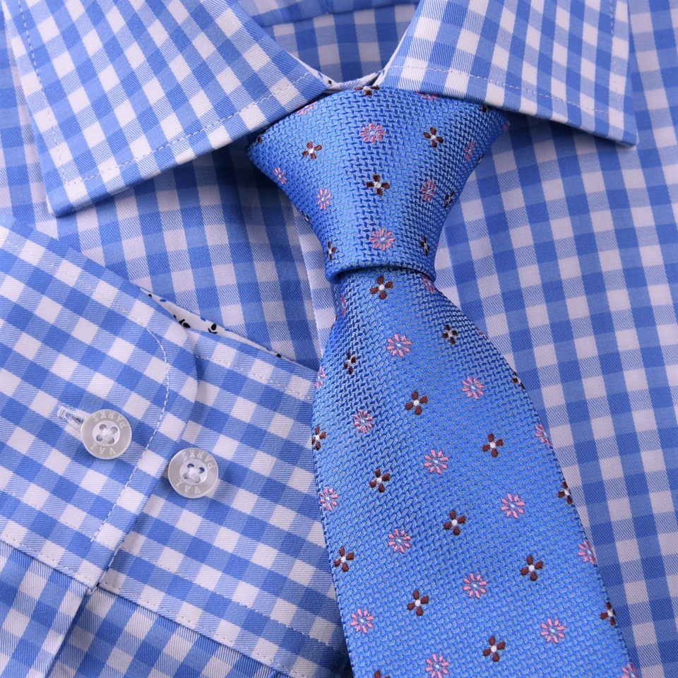 Blue Gingham Check Formal SLIM Dress Shirt Subtle Plaids Windmill inner lining