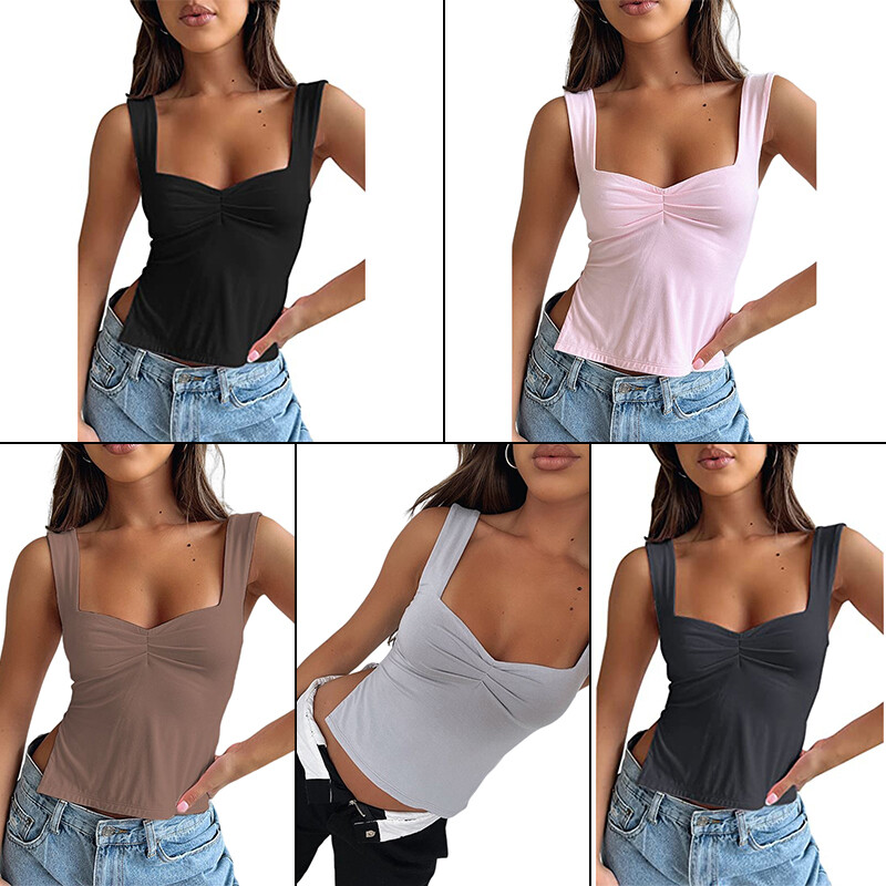 Women Sexy Low Cut Pleated Chest Camisole Crop Tank Top Sweetheart Slits Shirt