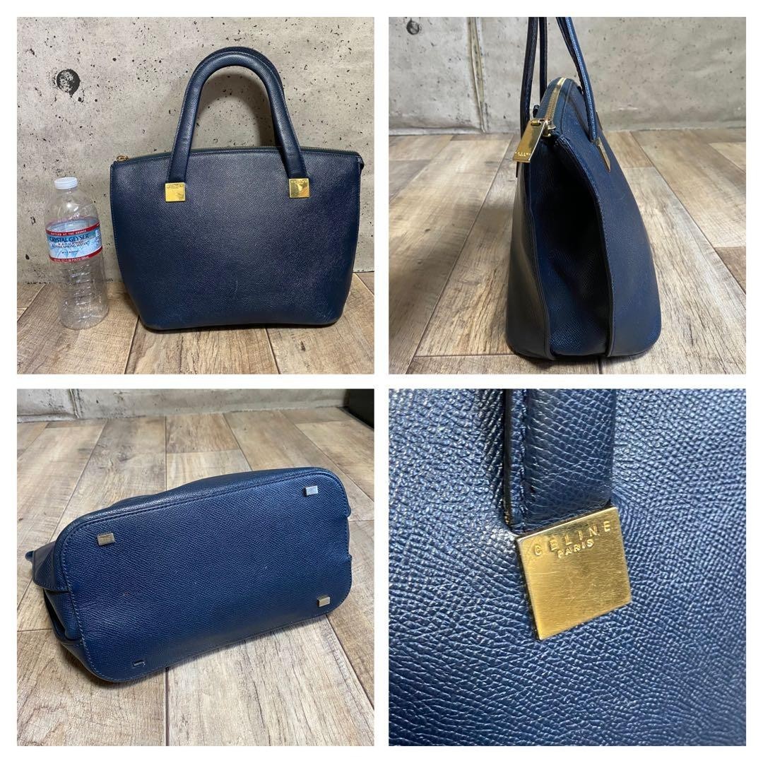 CELINE Authentic Vintage Navy Leather Tote Handbag Gold Logo Zip Top Bag