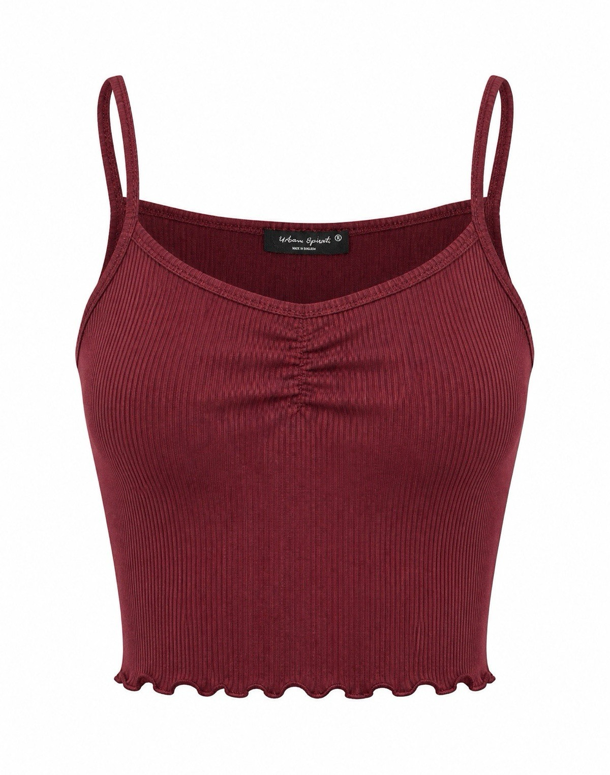 Urban Episode Ribbed Knit Ruched Ruffle Cropped Stretch Cami Burgundy S