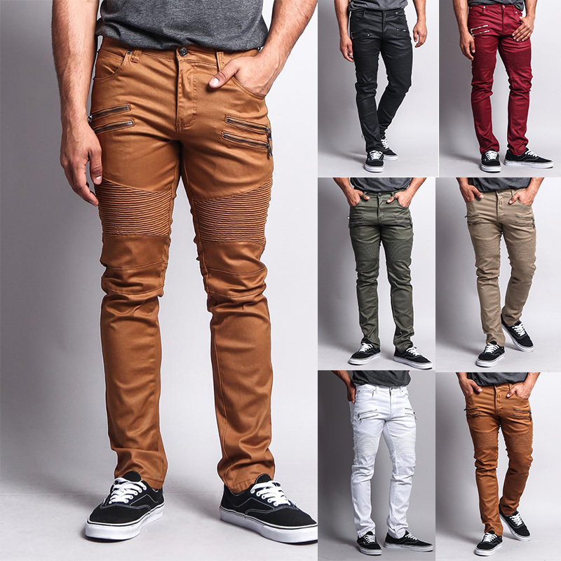 Victorious Men’s Skinny Fit Coated Biker Jean zipper Moto Pants DL1030-T21E