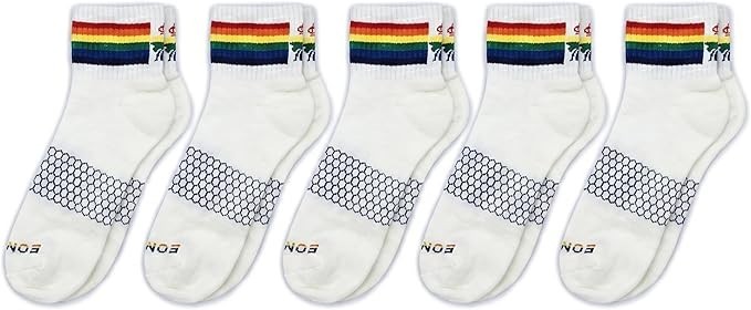 BOMBAS Women’s Pride Quarter Socks 5-Pack, White Rainbow Bee Proud Collection, M