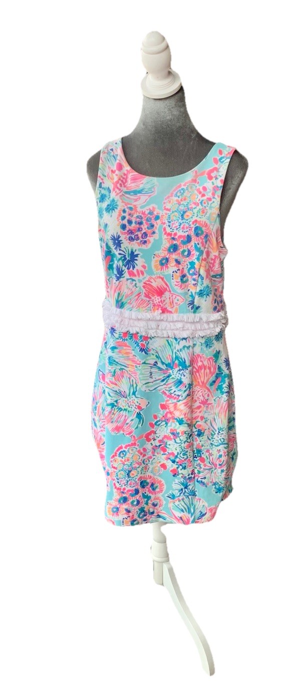 Lilly Pulitzer Arden Mini Shift Dress Serene Blue Gypsea Size Medium Fringe Fish
