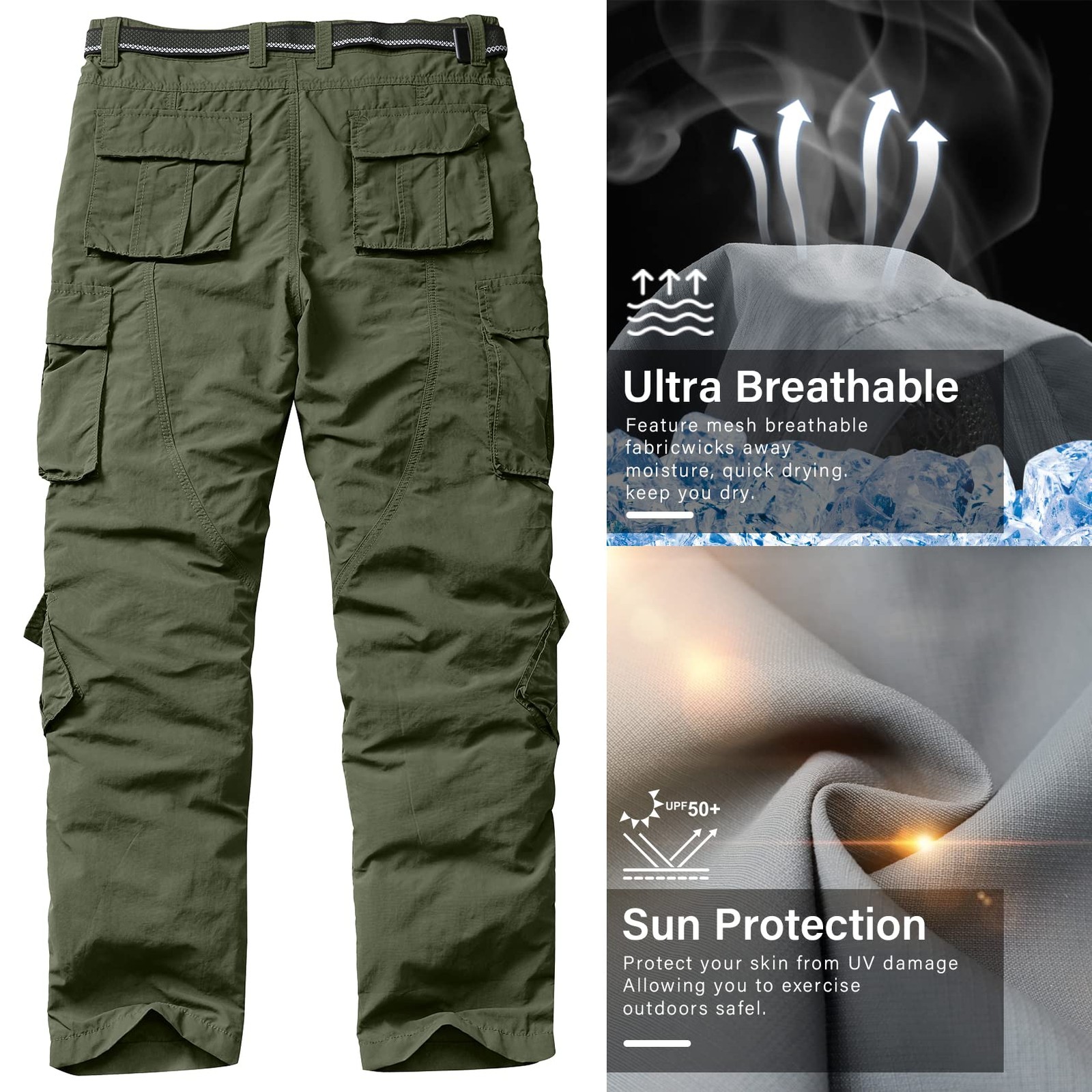 Men’s Lightweight Quick Dry Hiking Cargo Pants with 8 Pockets, Army Green, 32