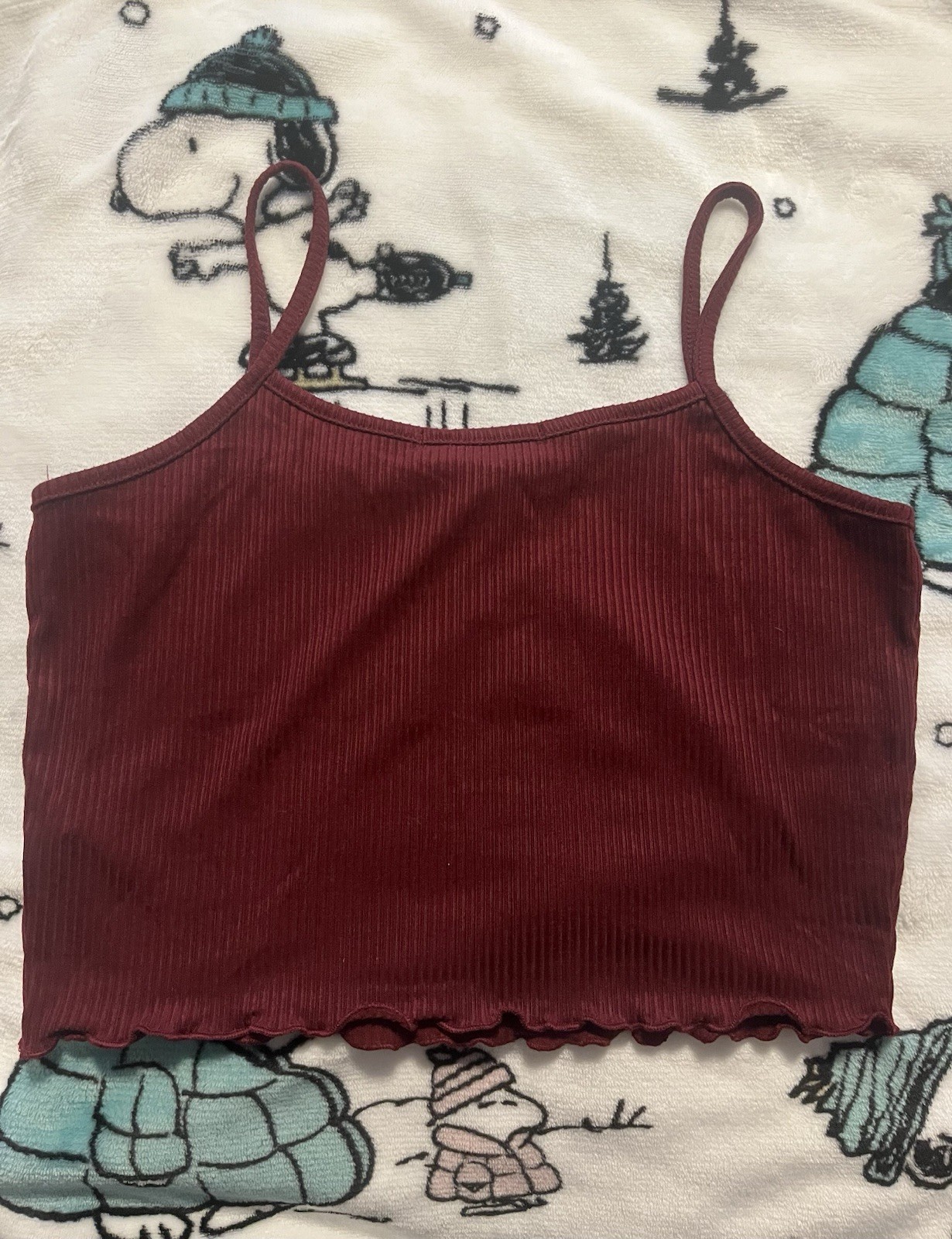 Urban Episode Ribbed Knit Ruched Ruffle Cropped Stretch Cami Burgundy S