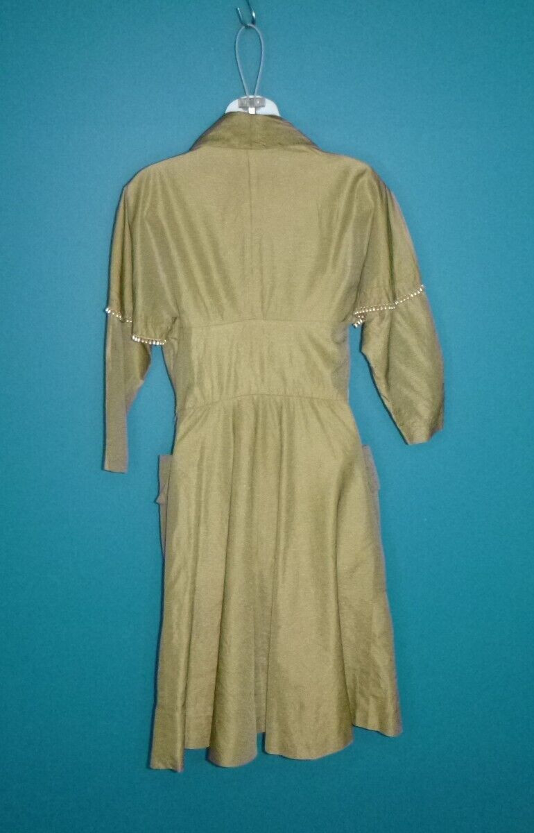 Vtg 50s Shawl Collar Dress Khaki Satin Fabric Teardrop Pearl Bead Accents Sz S