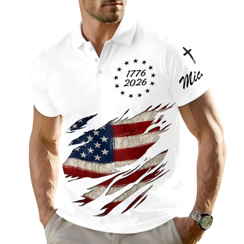 Custom Name 1776-2026 250th Anniversary American Flag Golf Polo Shirt S-5XL