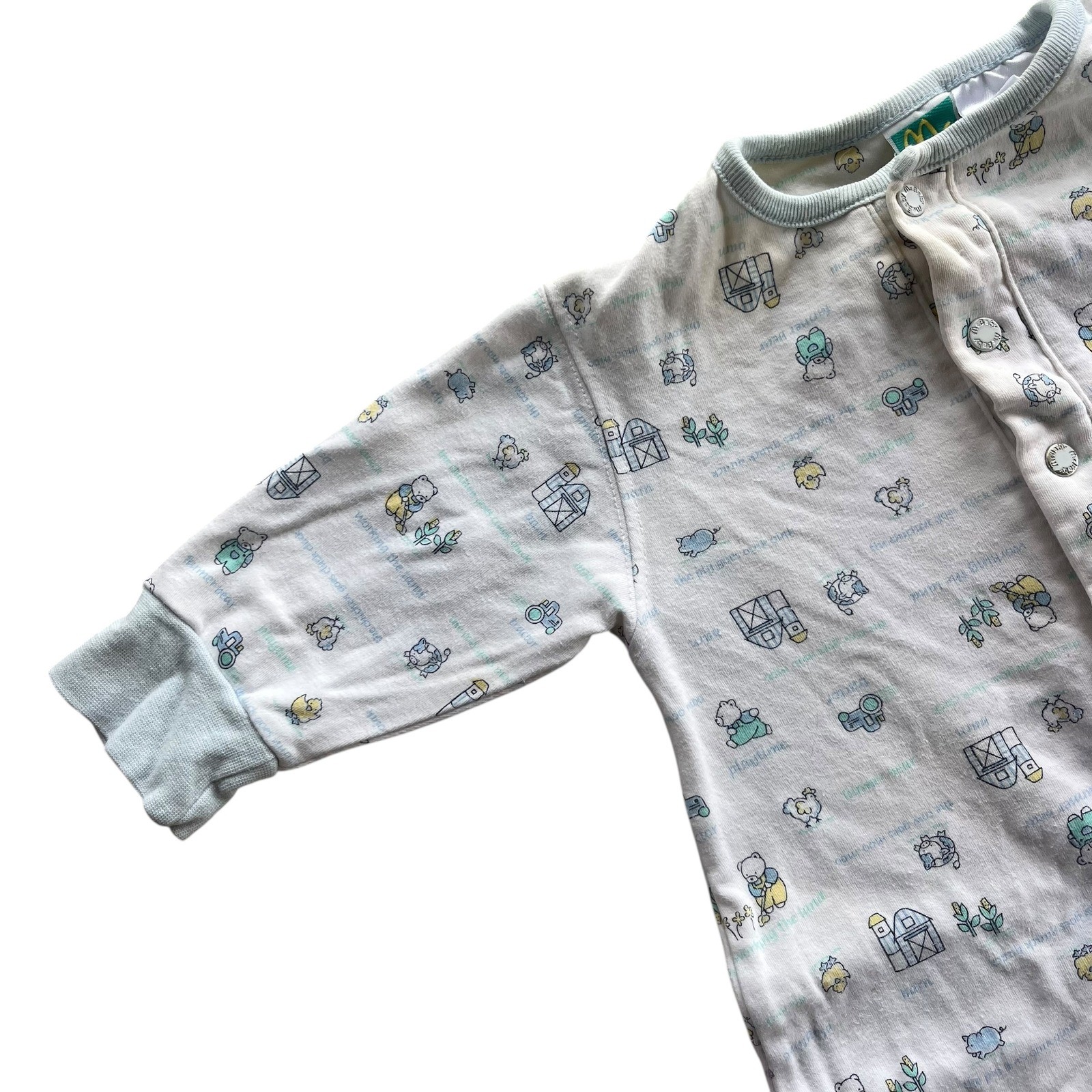 McBaby 6-9 M White Blue Farmer Bear Animal Tractor Print Romper Jumpsuit Vintage