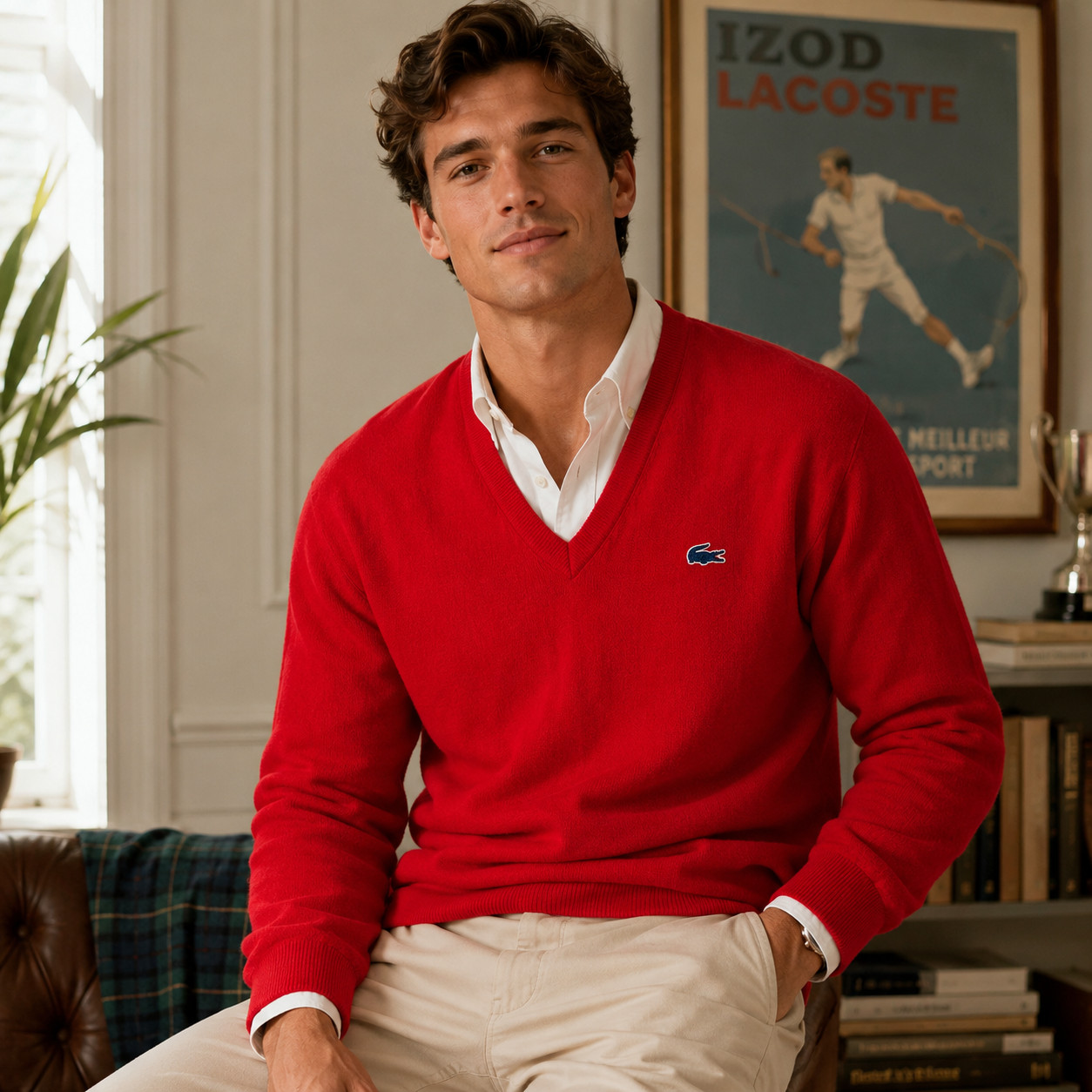 Vintage 80s IZOD Lacoste V Neck Sweater Men’s Large Red USA Orlon Acrylic Preppy