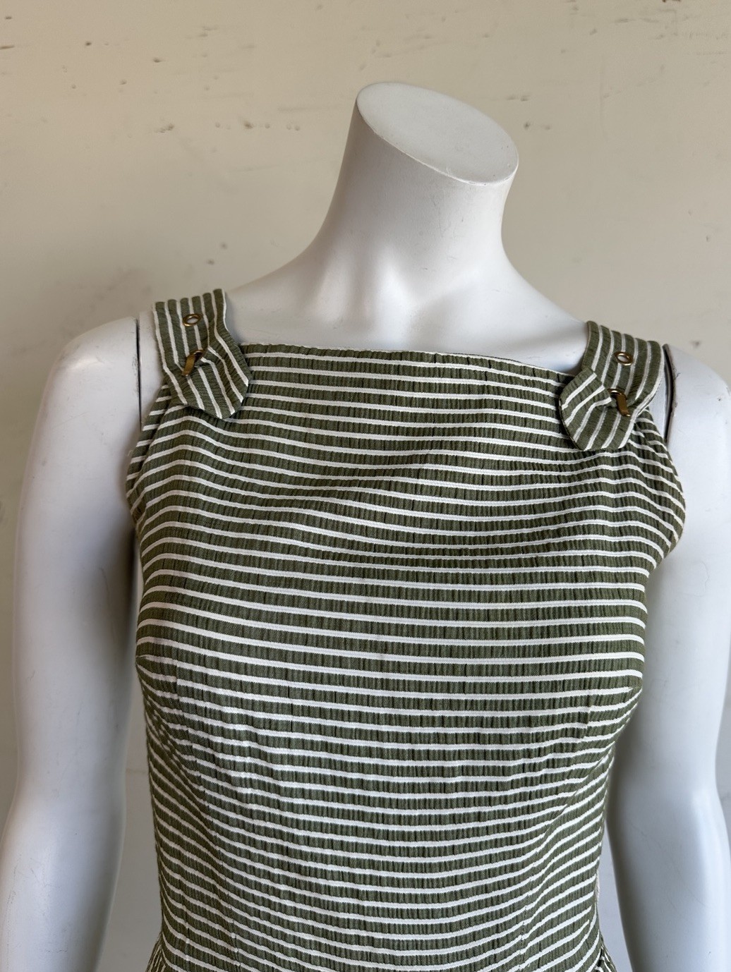 Vintage 50s 60s Olive Striped Summer Day Dress 25” Waist 1950s