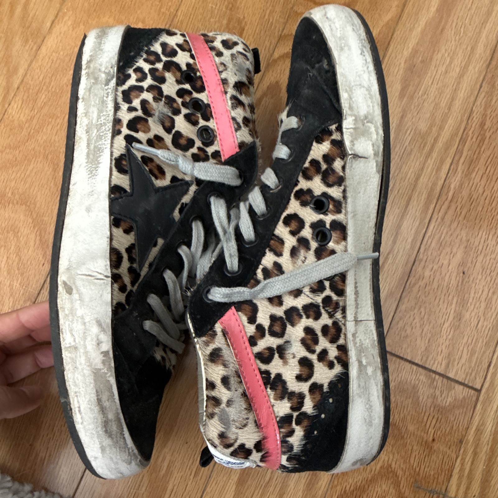 Golden Goose High Top Leopard Animal Print Sneakers Black Beige Pink Lace-Up