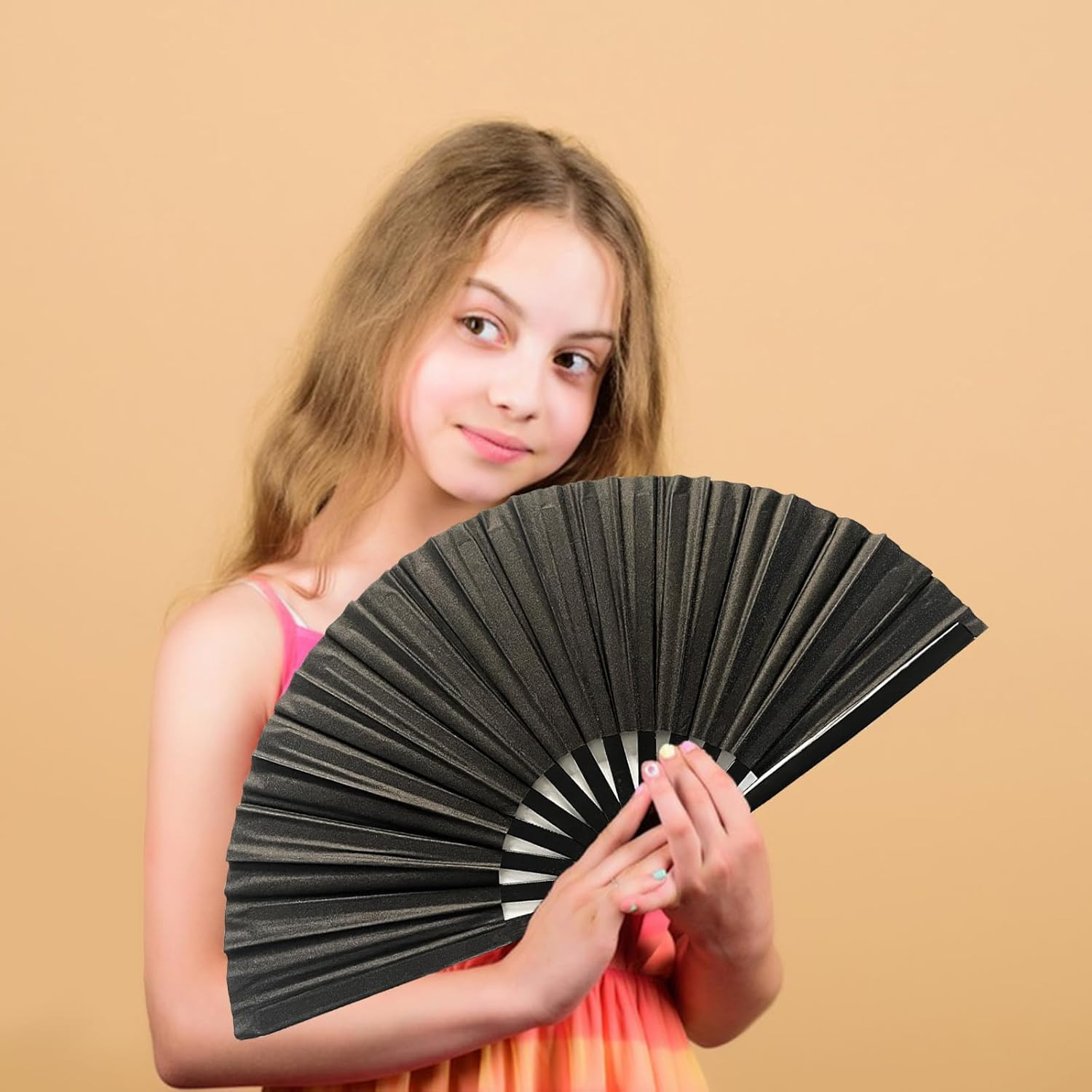 1Pcs Large Folding Hand Rave Fan,Clack Handheld Black Colors Hand Fan,for Festiv
