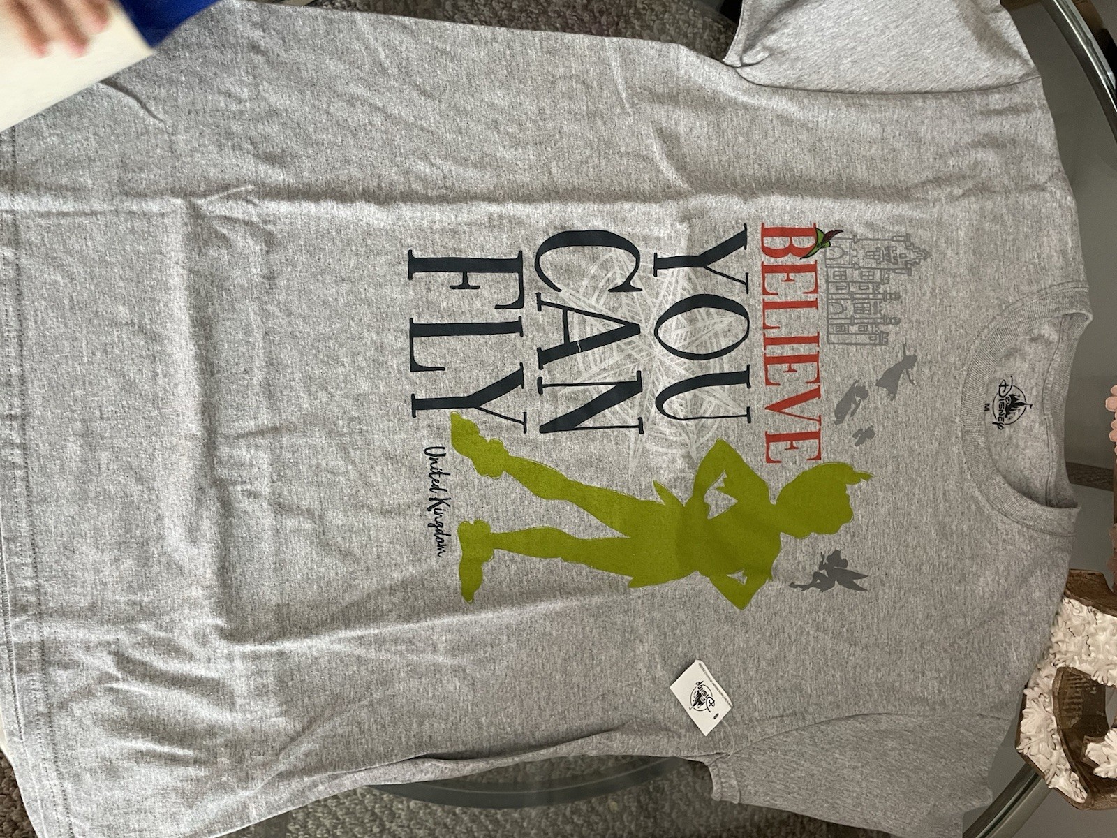 NEW Disney Shirt Adult MediumGray Green Peter Pan United Kingdom Fly Epcot Parks
