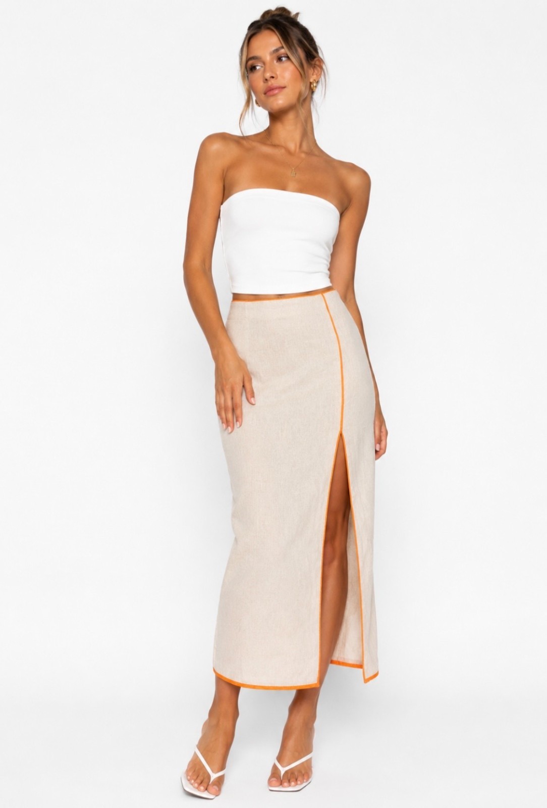 NEW Sheike Linen Blend Midi Skirt Natural Beige & Orange Trim Front Split Size 6
