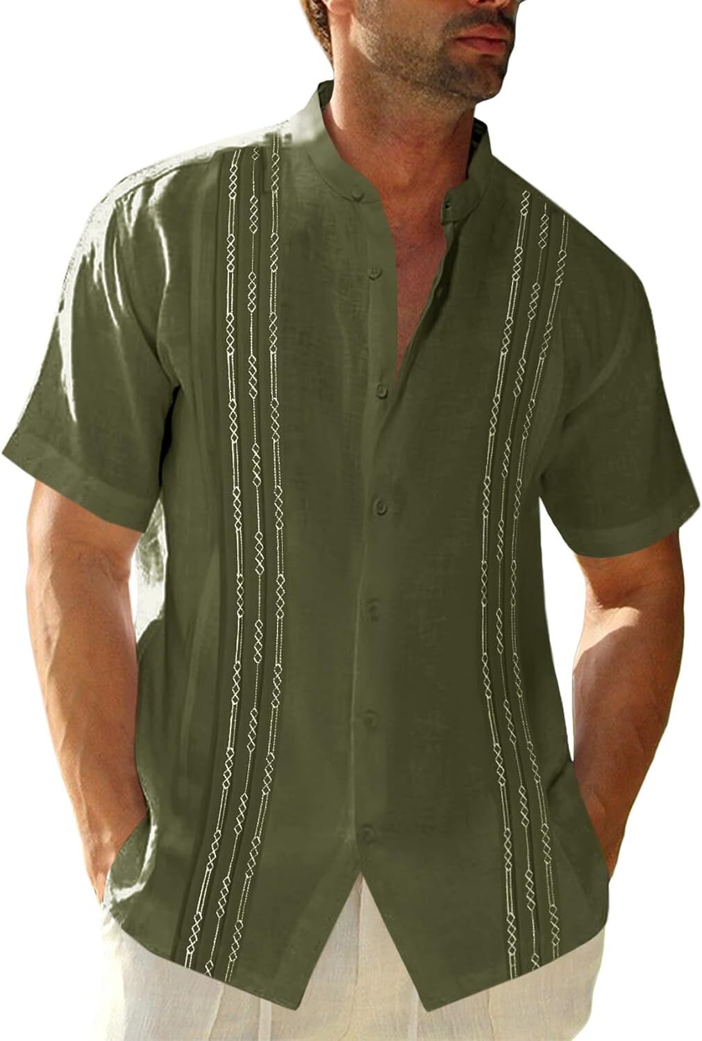 Mens Guayabera Shirt Linen Cotton Embroidered Short Sleeve Cuban Wedding Beach