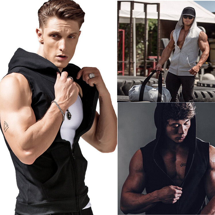 Sleeveless Zipper Hoodie Hooded Workout Gym Training Sport Jacket Vest Tank Top