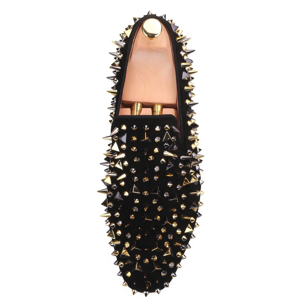 Men FERUCCI Black Velvet Slippers Loafers Flat Gold Spikes Rivet Wedding Prom
