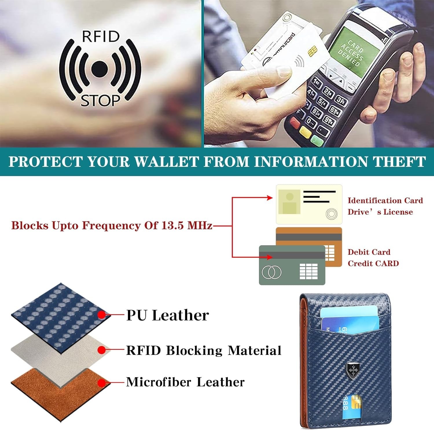 Mens Wallet Leather Credit Card Holder Slim Bifold RFID Blocking Front Pockets M
