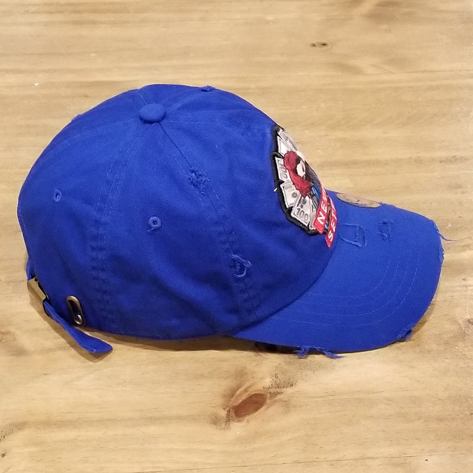 Never Settle Hat Cap Strap Back Blue Money Cash Logo One Size Adjustable Cotton