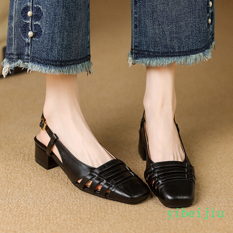 Women’s Low Chunky Heel Slingbacks Square Toe Sandals Cut Out Shoes Casual Roman