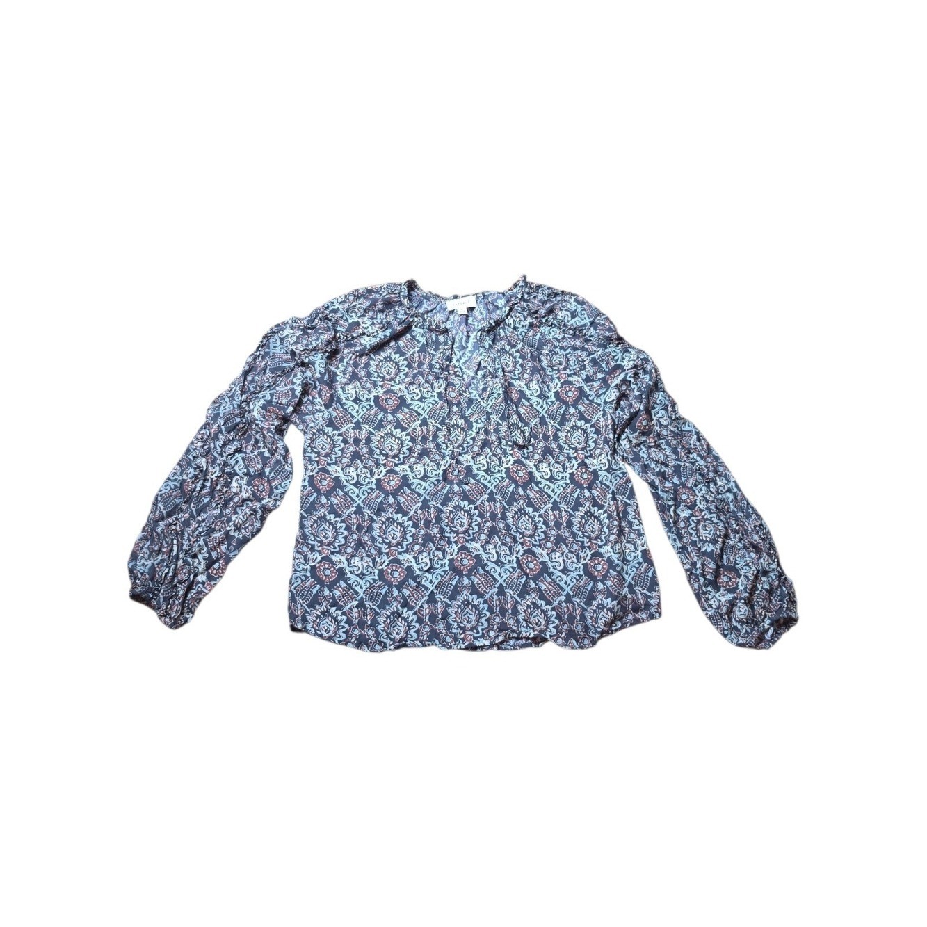 EVEREVE | Boho Romantic Ruffle Sleeve Tie Neck Keyhole Medallion Blouse | M