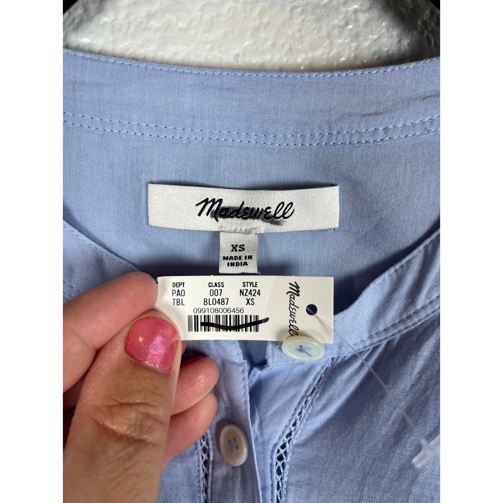 NWT Madewell Shirred Crewneck Button-Up Top Tranquil Blue Extra Small