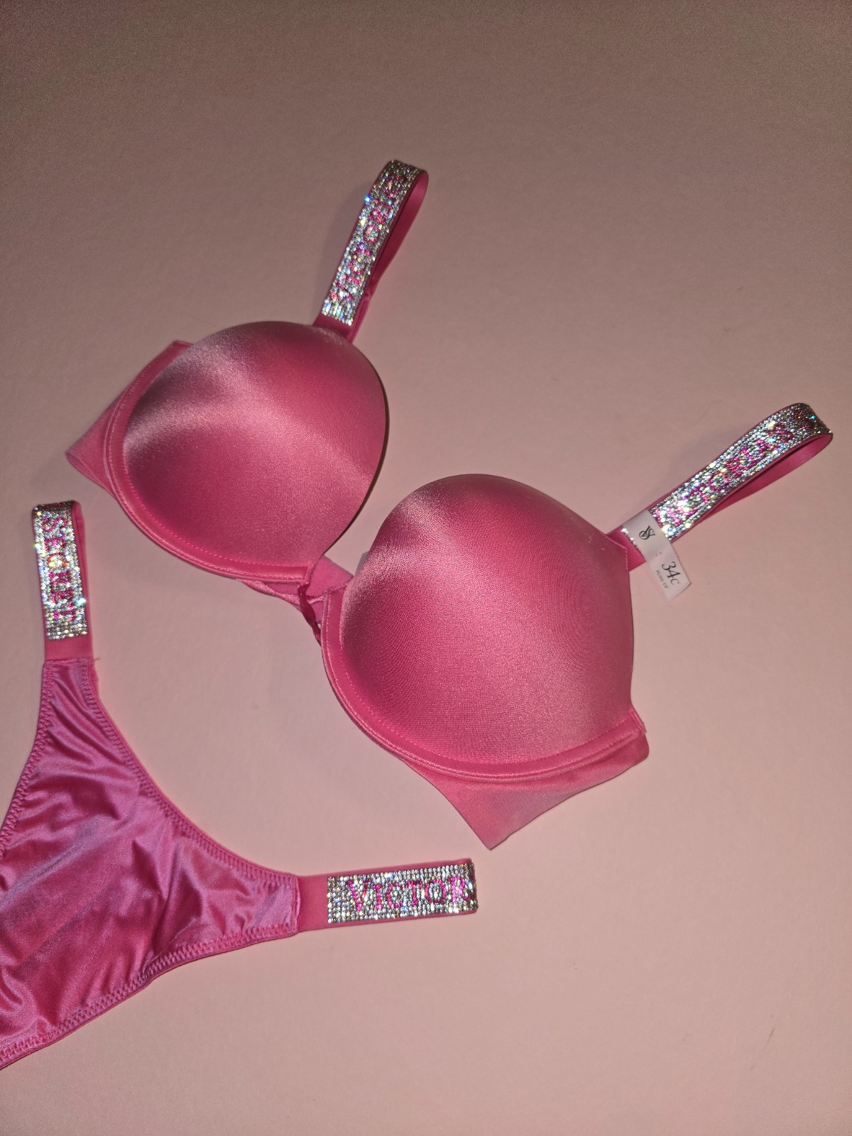 Victoria’s Secret Shine Strap Bombshell Push Up Bra Thong Set Rose Garden NWT