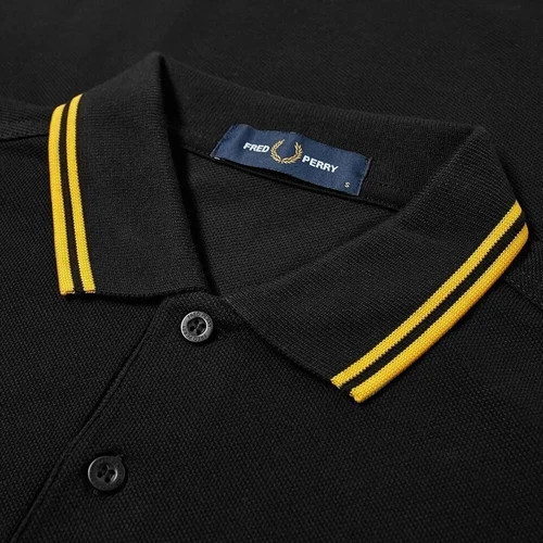 Fred Perry Polo Shirt Black Yellow S M L XL XXL M3600 Slim Fit Pique Twin tipped