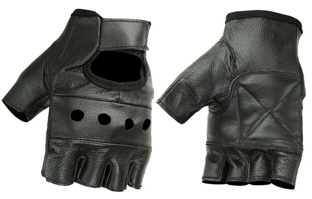 Mens Leather – Fingerless Motorcycle Gloves with Perforated Panels & Wrist Strap