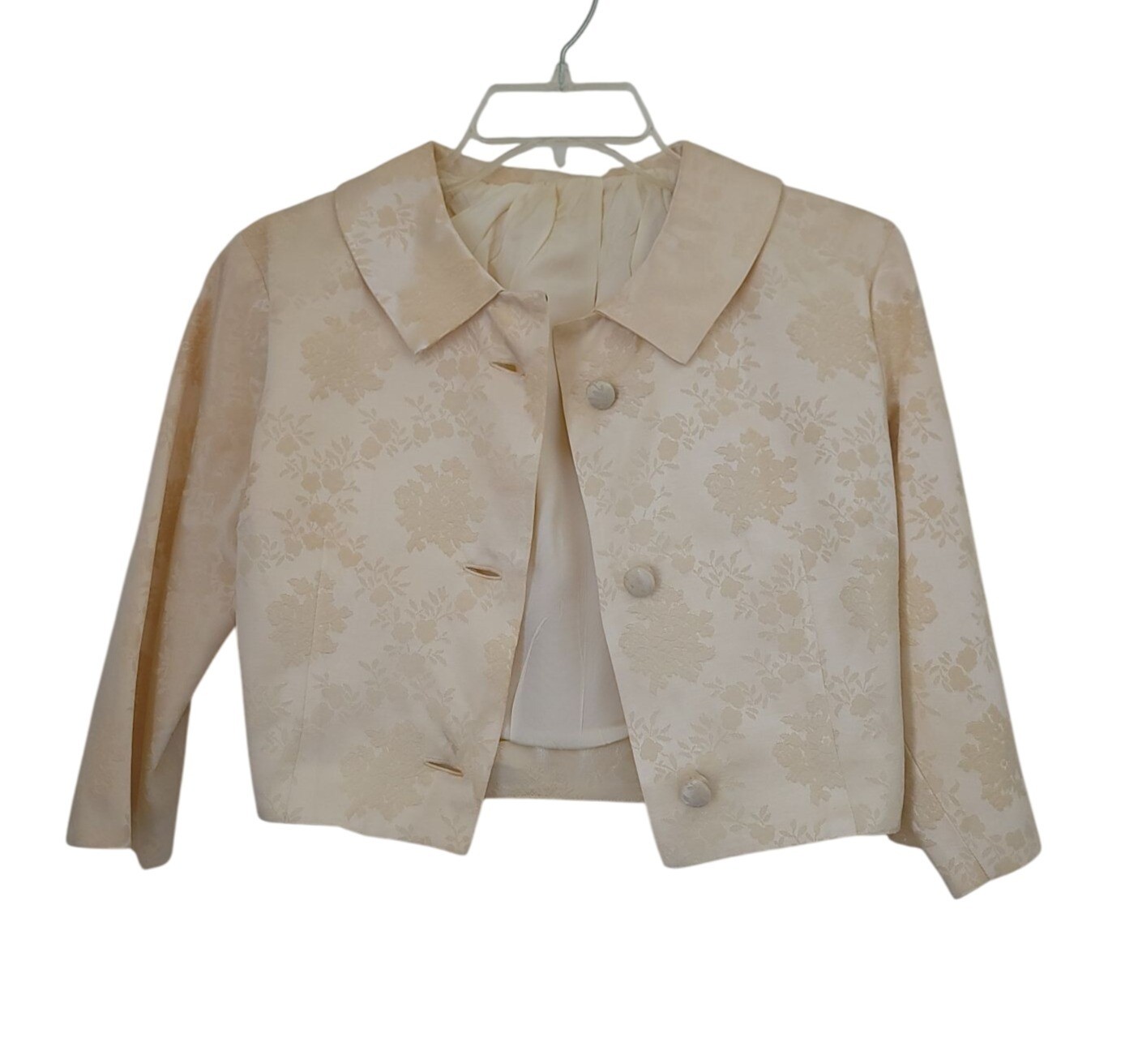 Vintage 50s/60s Ivory Brocade Floral Jacquard Dress & Cropped Jacket Set S/M