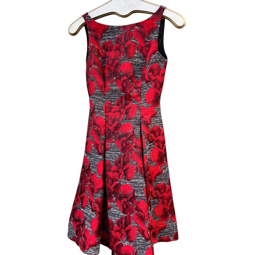 Adrianna Papell Floral Jacquard Fit & Flare Dress Red Black V-Back Old Money 4