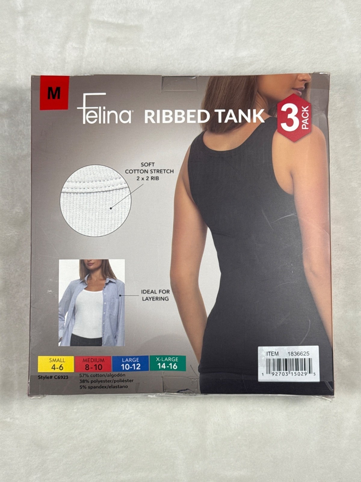Felina Ribbed Tank 3-Pack Medium Soft Cotton Stretch Ideal For Layering