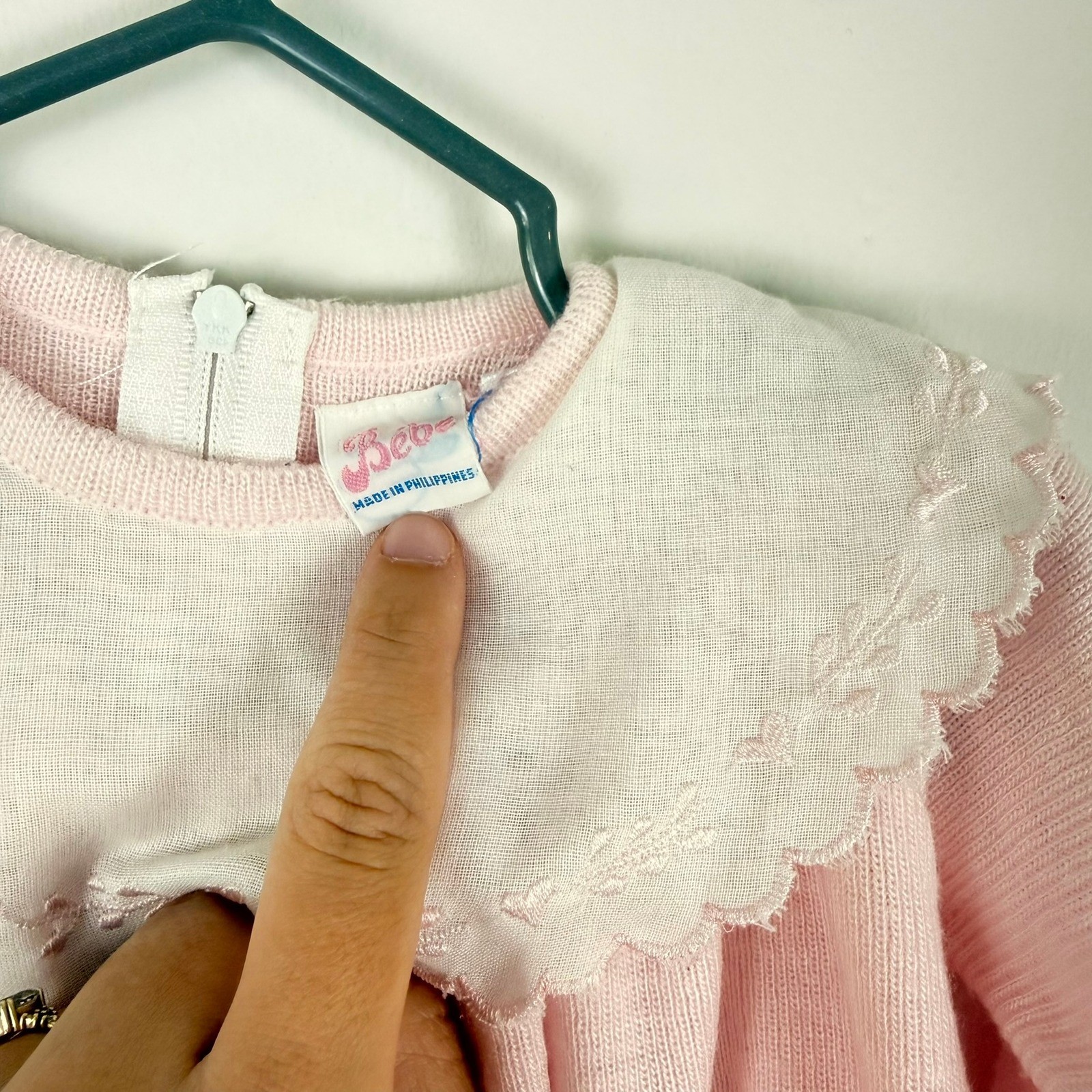 Vintage Bebe Kids Pink Knit Dress Embroidered Peter Pan Collar Long Sleeve 14in