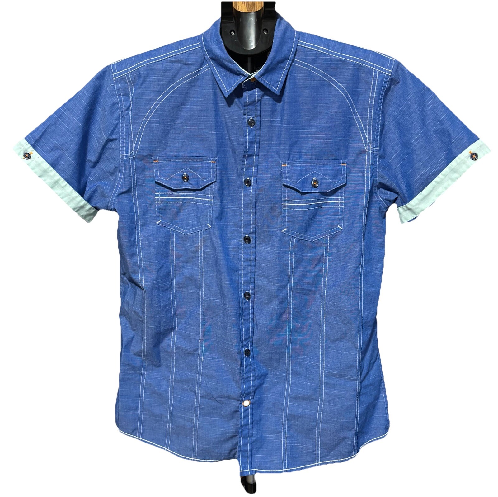 Tranquility Mayhem Mens Large Shirt Blue Buttons Pockets Casual Preppy Cotton