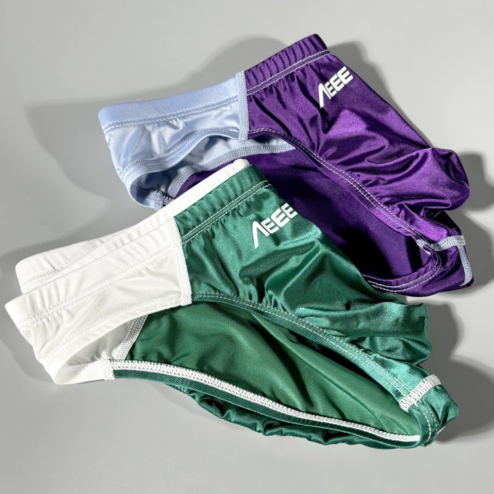 Men Sexy Satin Smooth Underwear Breathable Low-Waist Underpants Patchwork Briefs