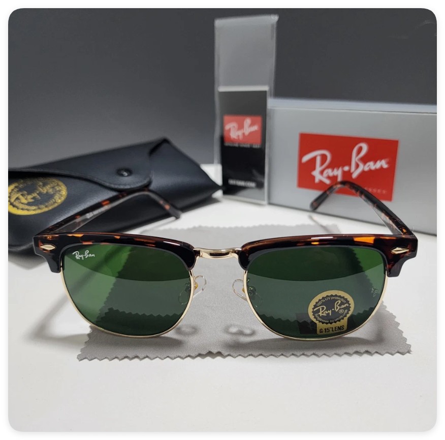 Ray-Ban Sunglasses RB3016 Clubmaster Classic Tortoise Frame Green Lenses 51mm