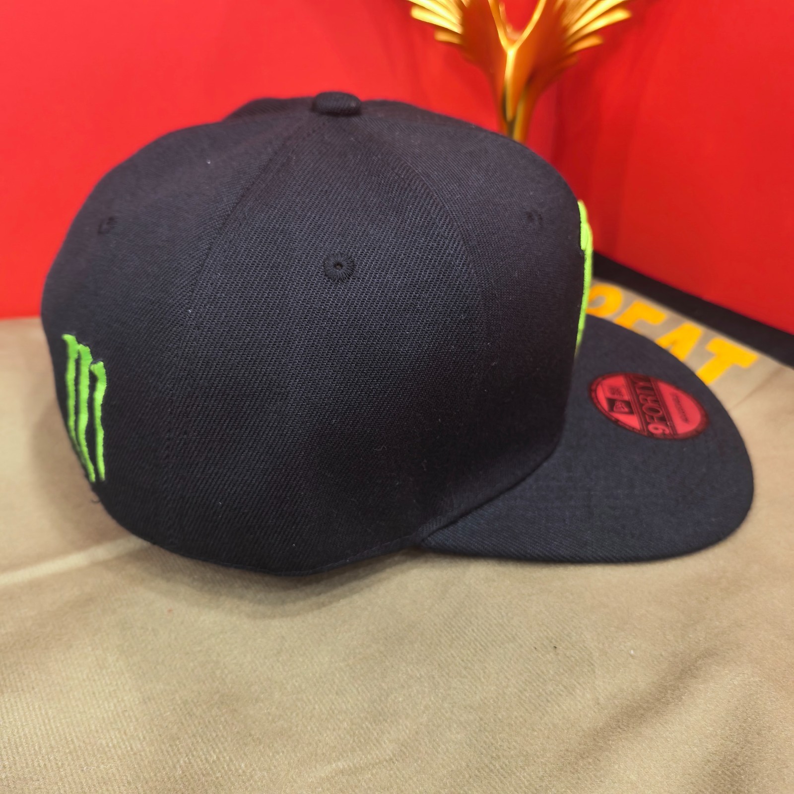Monster Energy Black Adjustable Flat-Brim Cap with Bright Green Embroidered Logo