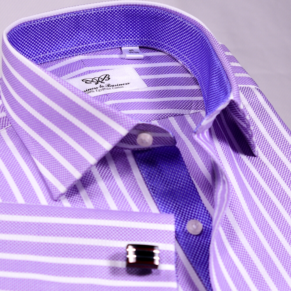 Purple White Stripes Elegant Double Ply Wevon Business Shirts With Inner Lining