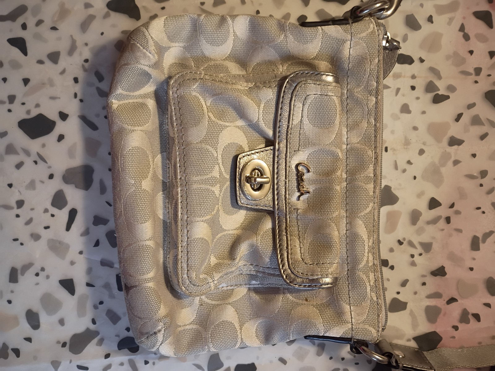 Vintage Coach Signature Logo Beige Small Crossbody Bag Zip Top Turnlock Pocket