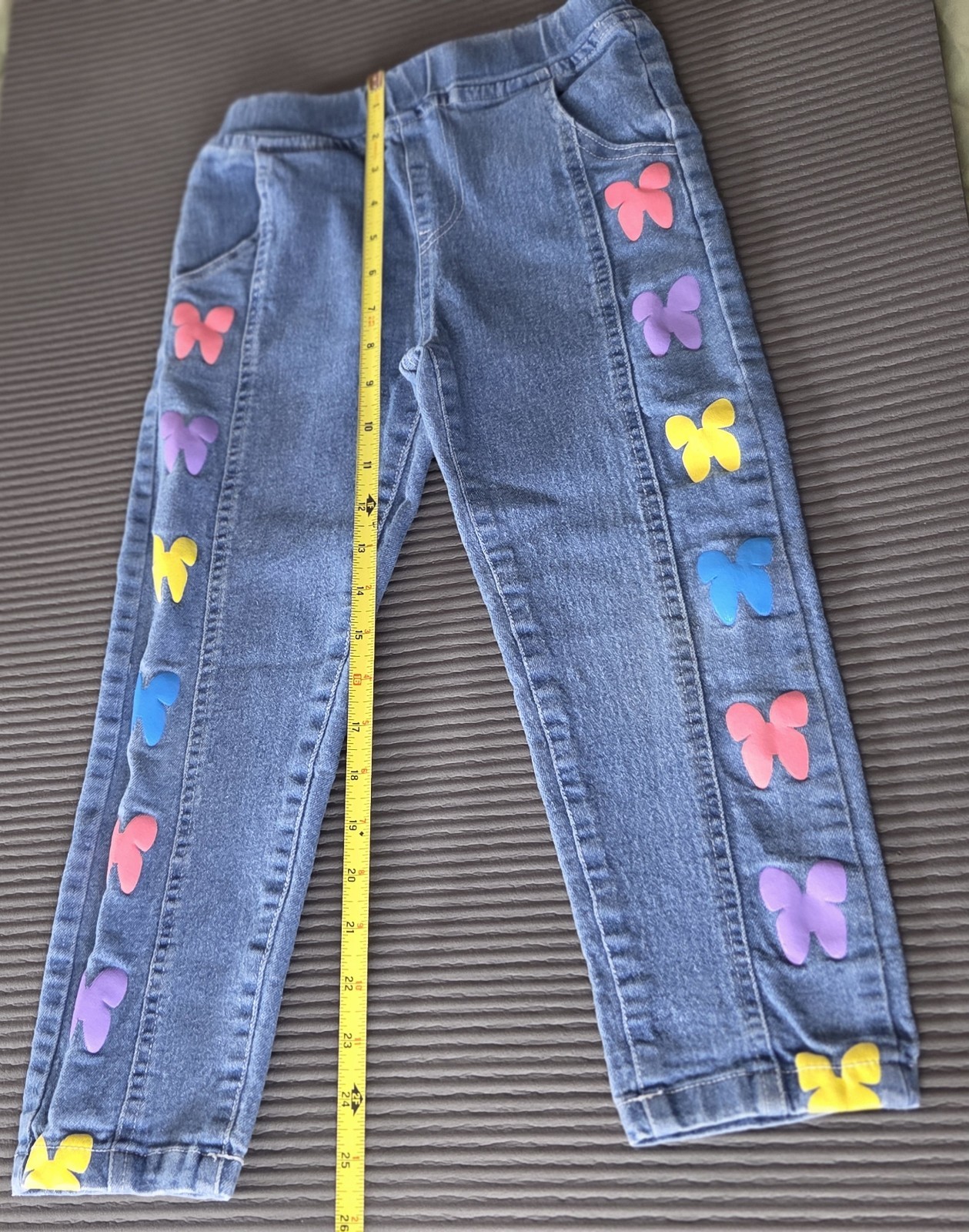 Girls Blue Denim Pull-On Straight Jeans, Butterfly Print, Elastic Waist 5-6Y Xsm
